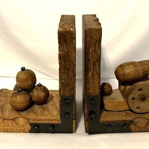 Vintage Set Cannon Mortar And Balls WOOD Book Ends Retro Old Medieval